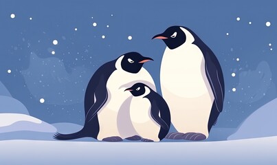  three penguins are standing in the snow with one penguin looking at the other penguin's head and the other penguin's head is facing the opposite direction.  generative ai