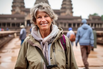 Portrait of a smiling senior woman in front of Angkor Wat