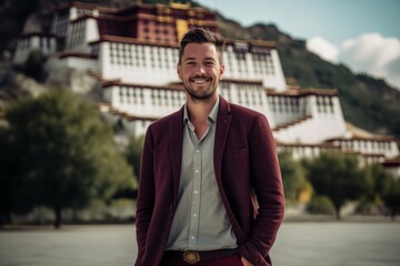 Medium shot portrait photography of a cheerful man in his 30s that is wearing a chic cardigan at the Potala Palace in Lhasa Tibet . Generative AI