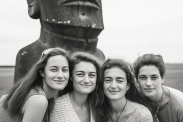 Portrait of a group of friends in front of a sculpture on the beach