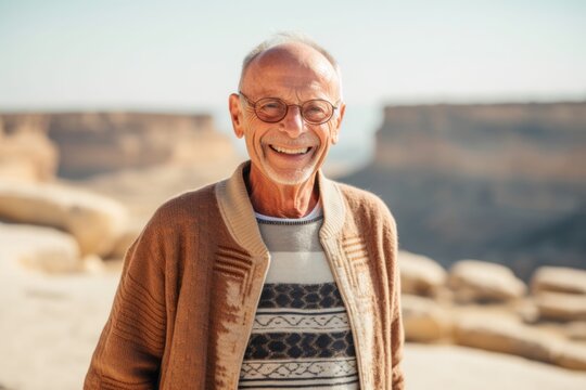 Portrait of a happy senior man looking at camera in the desert