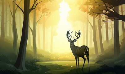  a deer standing in the middle of a forest with the sun shining through the trees behind it and the sun shining through the trees behind it.  generative ai