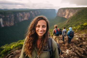 Happy woman hiker with backpack standing on top of a mountain and looking at camera
