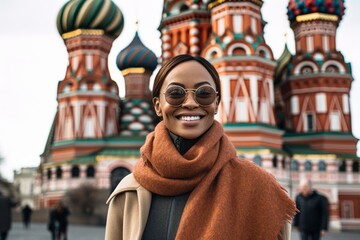 Naklejka premium Group portrait photography of a pleased woman in her 30s that is wearing a chic cardigan in front of the Saint Basil’s Cathedral in Moscow Russia . Generative AI