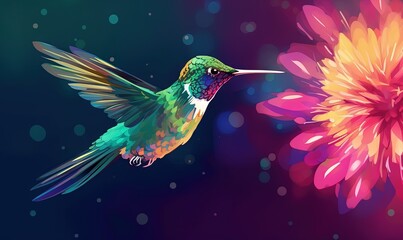  a colorful hummingbird flying next to a flower on a purple background with a pink flower in the foreground and a green and yellow flower in the background.  generative ai
