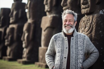 Portrait of a happy senior man smiling at camera in front of the ancient statues at Ahu Tongariki, Easter Island, Chile