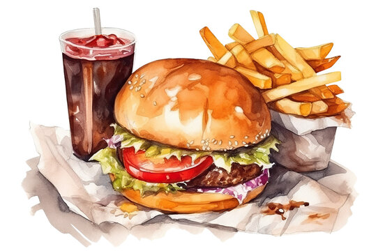 Watercolor drawing of delicious burger, soda and potato fries, cut out. Based on Generative AI