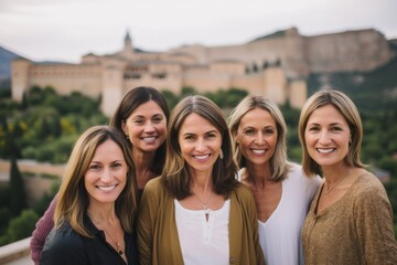 Portrait of smiling friends standing in front of the castle in Spain
