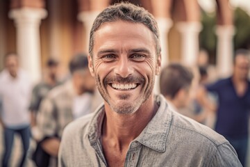 Obraz premium Portrait of handsome middle-aged man smiling and looking at camera outdoors