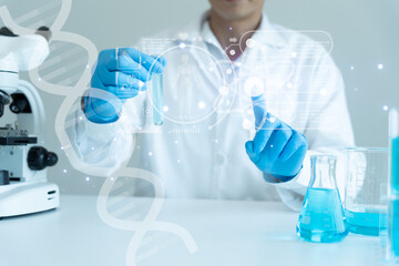 Scientist analyze biochemical sample in advanced scientific laboratory. Medical professional check...