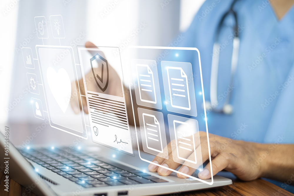 Poster doctor ai, artificial intelligence in modern medical technology and iot automation. doctor using ai 