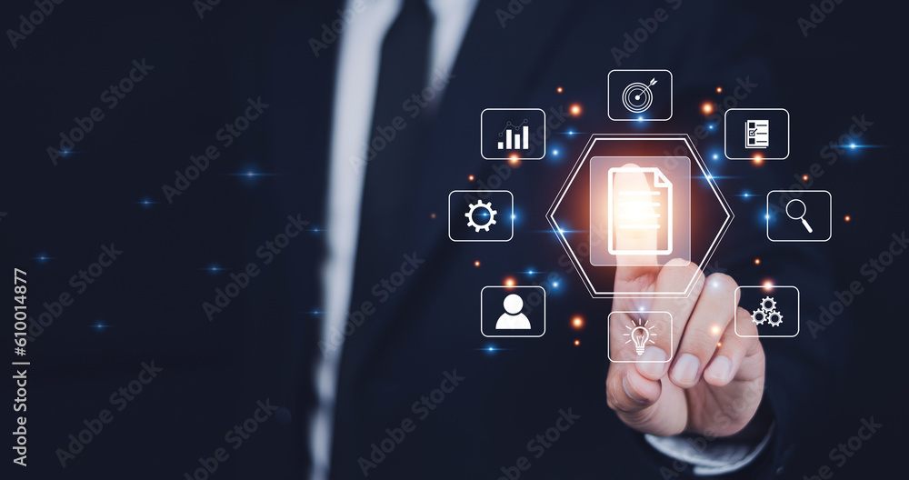 Poster erp document management, documents management information system concept, businessman using visual s