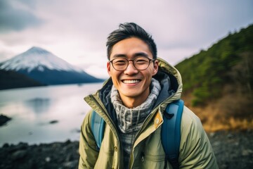 Naklejka premium Handsome asian backpacker man looking at camera while standing on the lake and mountain background
