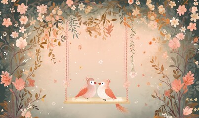 Obraz na płótnie Canvas a couple of birds sitting on a swing in a flowery forest with a pink background and a pink background with pink flowers and leaves. generative ai
