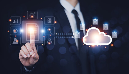 ERP document management, Documents management information system concept, Businessman using visual screen internet for Documents management information system and ERP program data directory in company © Suriyo