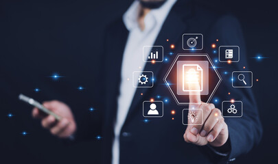 ERP document management, Documents management information system concept, Businessman using visual screen internet for Documents management information system and ERP program data directory in company © Suriyo