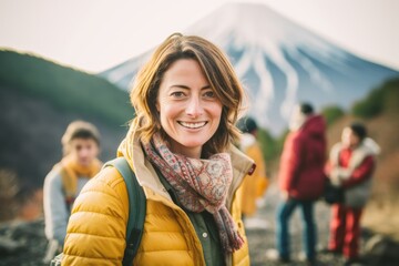 Fototapeta na wymiar Lifestyle portrait photography of a satisfied woman in her 40s that is smiling with friends near the Mount Fuji in Honshu Island Japan . Generative AI