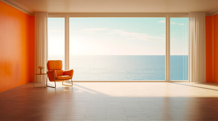 Empty luxury modern apartment with orange armchair and panorama window with view on sea. Generative AI