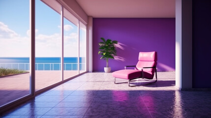 Empty luxury modern apartment with purple armchair and panorama window with view on blue sea. Generative AI
