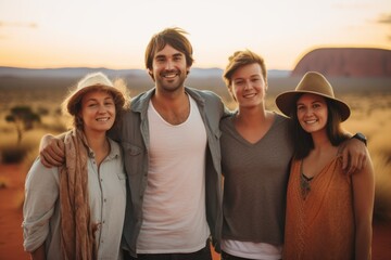 Group portrait photography of a grinning man in his 20s that is with the family near the Uluru (Ayers Rock) in Northern Territory Australia . Generative AI