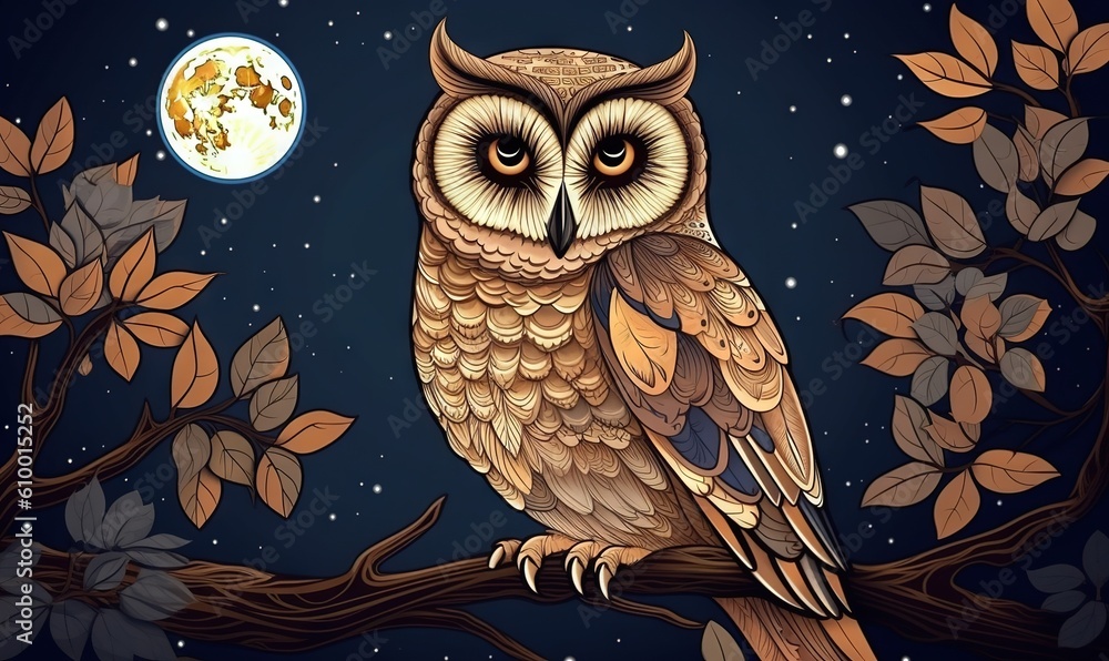 Poster an owl sitting on a branch with a full moon in the background and leaves on the branch, with a full 