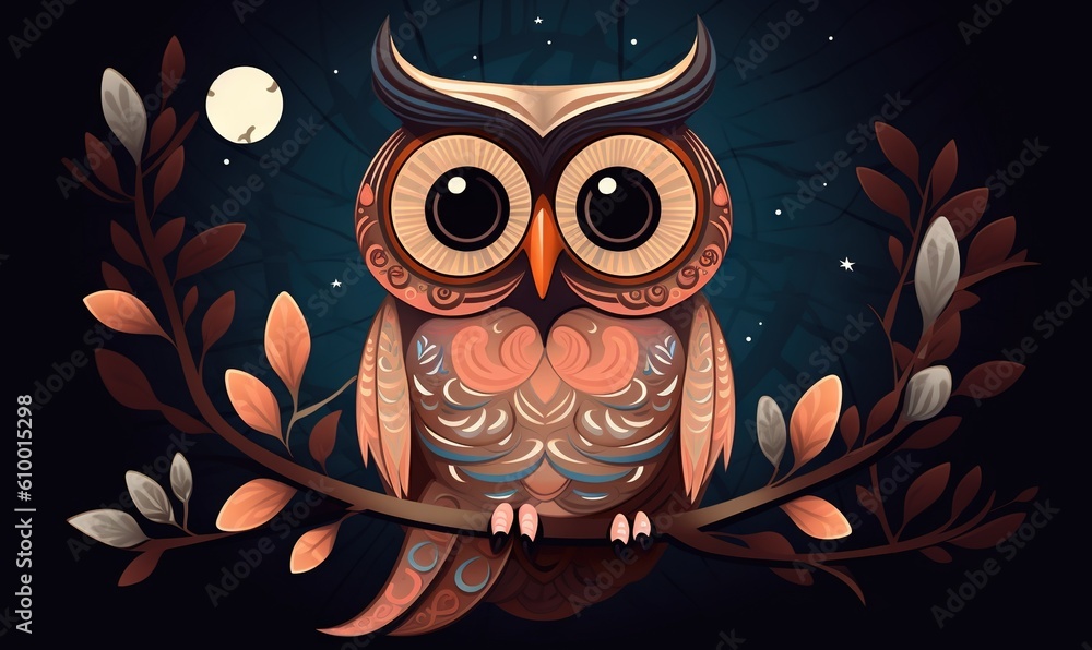 Poster an owl is sitting on a branch with leaves and a full moon in the background with a dark sky with sta