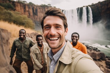 Portrait of a happy group of friends standing in front of a waterfall