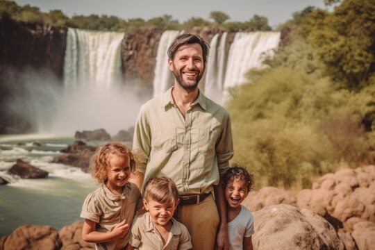 Father and children standing in front of Iguazu Falls in Argentina