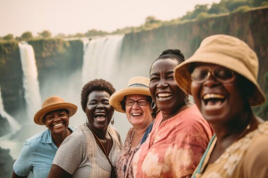 Group portrait photography of a pleased woman in her 40s that is smiling with friends at the Victoria Falls in Livingstone Zambia . Generative AI