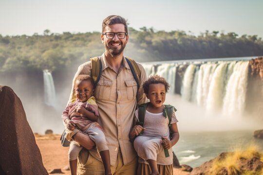 Father and two kids standing in front of Iguazu Falls in Argentina
