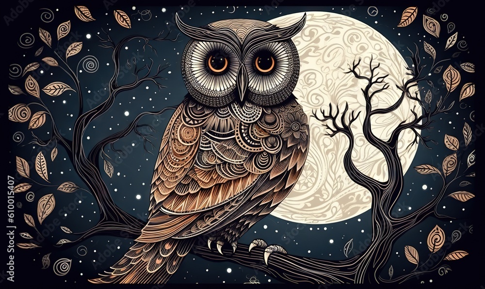 Poster an owl sitting on a tree branch in front of a full moon with swirls and swirls on the tree branches,
