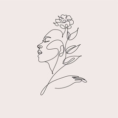 Woman Face Line Art Minimalist Logo. Nature Organic Cosmetics Makeup Minimalist. Abstract Flower head Feminine Illustration line drawing. Women face with flowers line