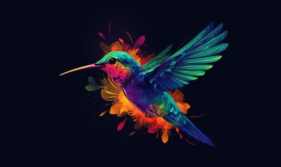Obraz premium a colorful hummingbird flying through the air with its wings spread out and wings spread out, with a black background and a blue sky. generative ai
