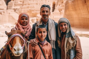 Naklejka premium Group portrait photography of a satisfied man in his 30s that is with the family at the Petra in Maan Jordan . Generative AI