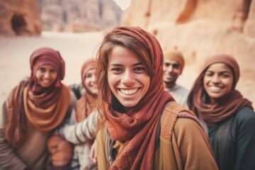 Portrait of a group of friends having fun in Petra, Jordan