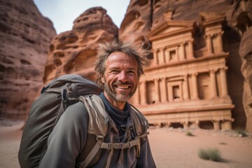 Portrait of a happy man with a backpack in Petra, Jordan