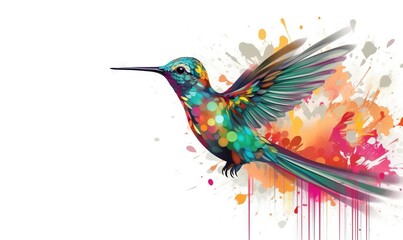 Obraz premium a colorful hummingbird flying with splashes of paint on it's wings and wings, with a splash of paint on its wings. generative ai