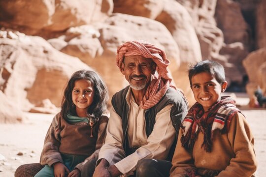 Happy family of four sitting on the street in Petra, Jordan.