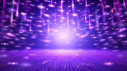 Naklejka premium Empty purple festive stage with light beams and shines glow, empty room at night background with copy space for award ceremony, jubilee or product presentations. Generative AI