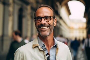 Obraz premium Headshot portrait photography of a satisfied man in his 40s that is smiling with friends at the Uffizi Gallery in Florence Italy . Generative AI