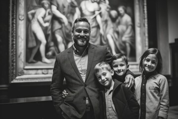 Portrait of happy family in museum. Black and white photo.