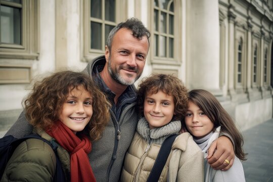 Portrait of happy father and children in front of old school building