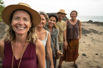 Portrait of smiling woman with friends standing on beach during summer vacation