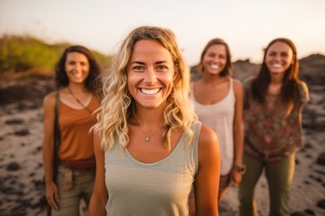 Group portrait photography of a satisfied woman in her 40s that is smiling with friends at the Galápagos Islands Ecuador . Generative AI