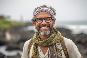 Portrait of a handsome bearded Indian man wearing scarf and glasses at the beach