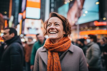 Lifestyle portrait photography of a grinning woman in her 40s that is smiling with friends at the Times Square in New York USA . Generative AI