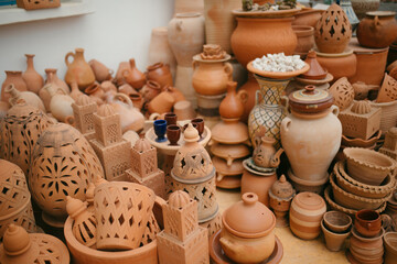 Fototapeta na wymiar Close up view of ceramic objects, classic Moroccan crafts in Tetouan