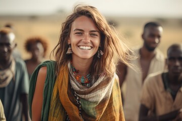 Lifestyle portrait photography of a cheerful woman in her 20s that is smiling with friends at the Serengeti National Park Tanzania . Generative AI - obrazy, fototapety, plakaty