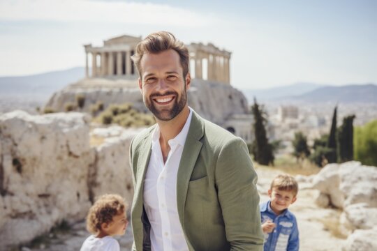 Portrait of happy father and son in front of famous Parthenon temple in Athens, Greece