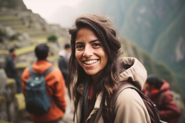 Fototapeta na wymiar Close-up portrait photography of a pleased woman in her 20s that is smiling with friends at the Machu Picchu in Cusco Region Peru . Generative AI